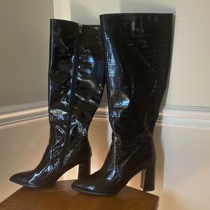 Black Croc-Embossed Knee-High Boots